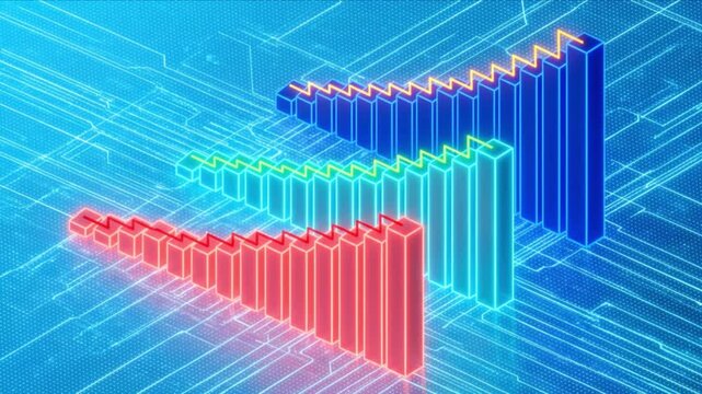 サイバー空間で3層に上昇する光の3D棒グラフと折れ線グラフの比較映像