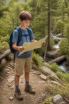 Boy exploring nature while reading a map in a forest