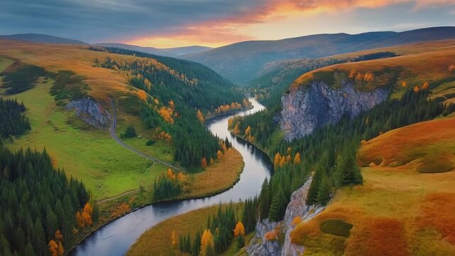 Aerial drone view of a winding river valley with autumnal foliage during golden hour light