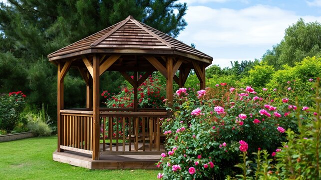 Cozy wooden garden gazebo amid blooming roses in a tranquil sunlit backyard landscape