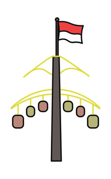 Traditional Indonesian Panjat Pinang pole with hanging prizes and national flag.
