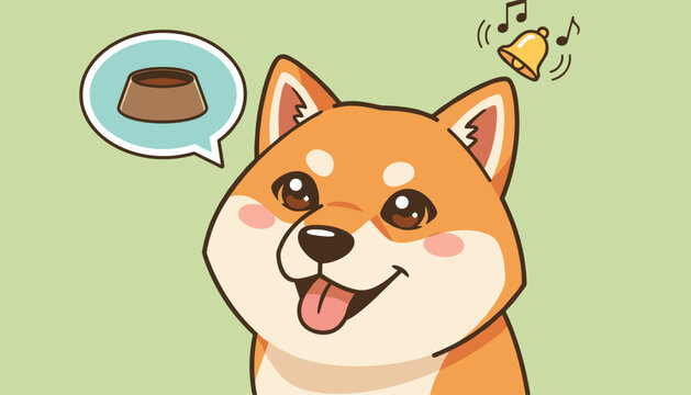 Cute cartoon Shiba Inu dog thinking of dog food in bowl upon hearing a ringing bell classical conditioning.