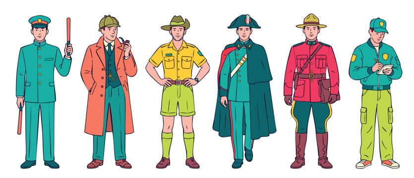 Men Uniform Profession Vector Set featuring diverse historical and modern male occupations including detective ranger mountie police officer and conductor standing together on white background