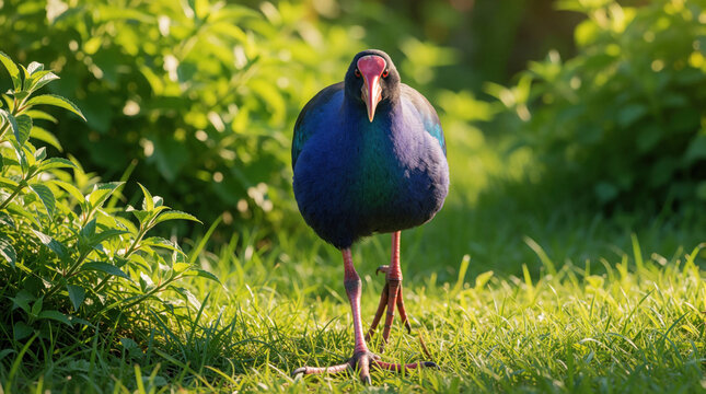 A pukeko bird walks on green grass. Bird has blue and green feathers with red beak. Lush foliage surrounds this native New Zealand wild animal.