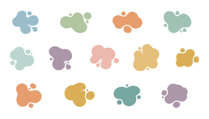 Obraz premium Set of colorful abstract liquid blob shapes and paint splashes in soft pastel colors on a clean white background.