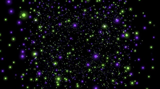 漆黒の深遠空間を浮遊するペリドットグリーンと紫の発光量子ドット背景