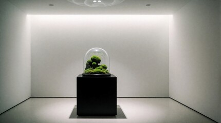 Naklejka premium Minimalist moss landscape inside glass dome on black pedestal. Small green plant garden sits in white empty studio room. Modern botanical art display creates calm zen atmosphere. Contemporary
