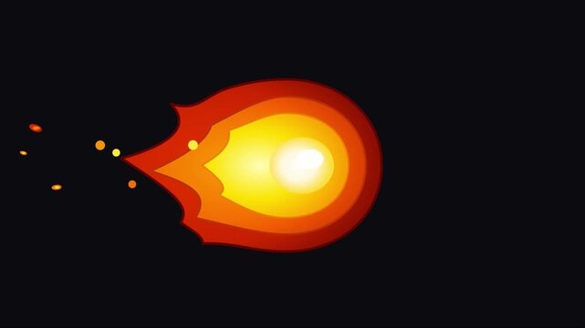 Cartoon fire ball flying with orange flames against dark background. 4K Video