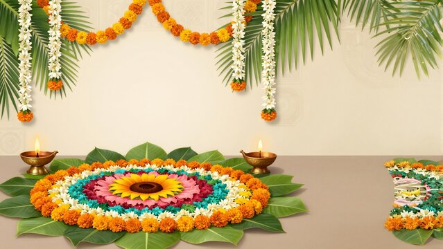Traditional pookalam floral rangoli design featuring vibrant petals of sunflowers marigolds and jasmine blossoms arranged neatly on large green banana leaves with glowing 