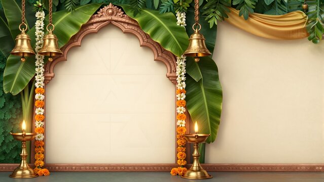 Ornate golden archway frame decorated with fresh marigold flower garlands and green banana leaves featuring hanging brass bells and glowing oil lamps on a smooth cream background 