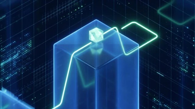 サイバー空間で成長し頂点に達する3D棒グラフと折れ線グラフの映像