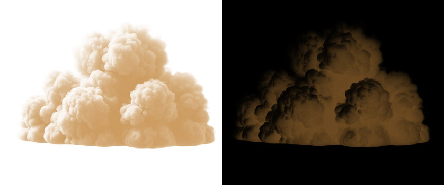 Sand dust explosion on white and black background, brown smoke cloud burst, desert sandstorm effect for compositing