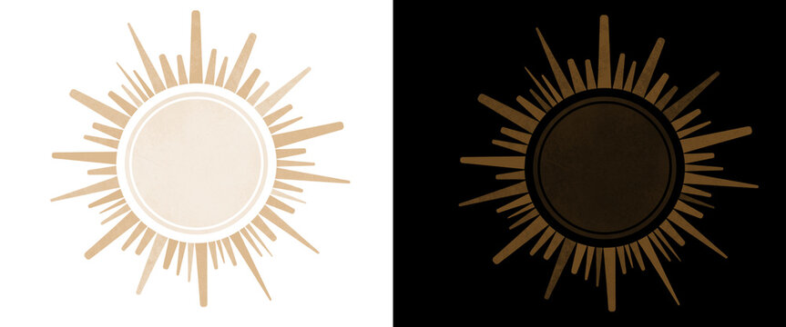 Boho sunburst icons in gold and black, celestial sun rays set, mystical solar symbols for branding and logo design