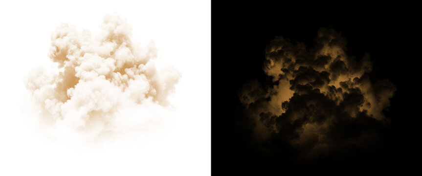 Golden smoke explosion on white and black background, sand dust cloud effect, sepia powder burst for design overlays