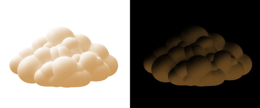Stylized 3D cloud icon set, fluffy beige cumulus clouds on white and black backgrounds, soft claymation weather elements