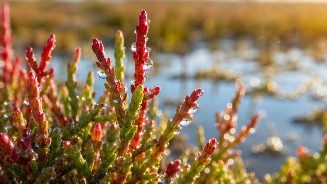 Extreme macro shot of reddish Salicornia glasswort succulent plant with glistening dew drops