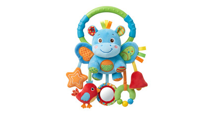 Naklejka premium Baby activity plush hippo toy with sensory rattles star bird mirror and textured rings for infant development hanging on stroller isolated png.