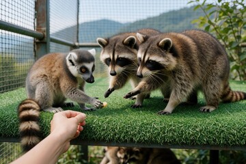 Fototapeta premium Ring tailed lemur and raccoons accept food from human hand on green platform. Animals eat together in enclosure, showing gentle interaction and trust. Curious wildlife encounter.