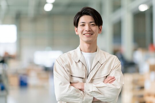 日本の製造業で働く笑顔の若い男性が腕組みで自信を表現