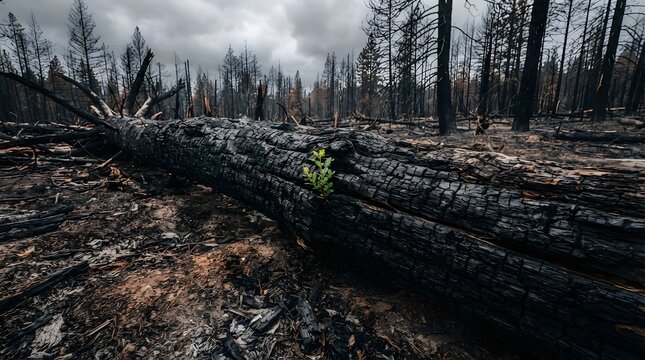 A small green plant grows from the charred ground in a forest destroyed by a recent wildfire