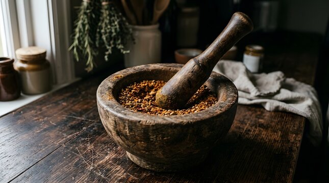 Rustic wooden mortar and pestle filled with dried spices on a dark vintage kitchen table background
