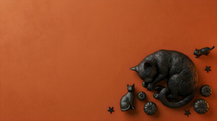 Fototapeta premium A small black cat curled up sleeping peacefully next to scattered fresh blueberries on a solid orange background