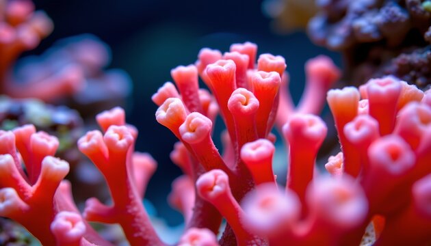 The image features a close up view of vibrant pink and orange coral, highlighting its intricate, tubular structures with rounded tips