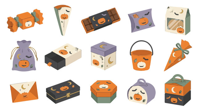 Cute Halloween Candy Set, 13 Isomorphic Gift Box and Sweets Collection, Pumpkin Treats Vector Illustration for Card Design Halloween