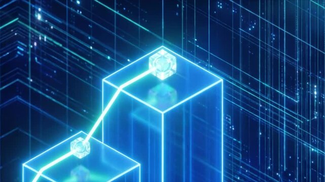 サイバー空間で成長し頂点に達する3D棒グラフと折れ線グラフの映像
