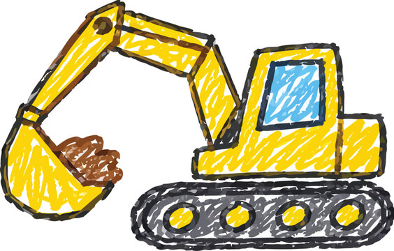 Crayon drawing of a yellow construction excavator digging dirt isolated on white background
