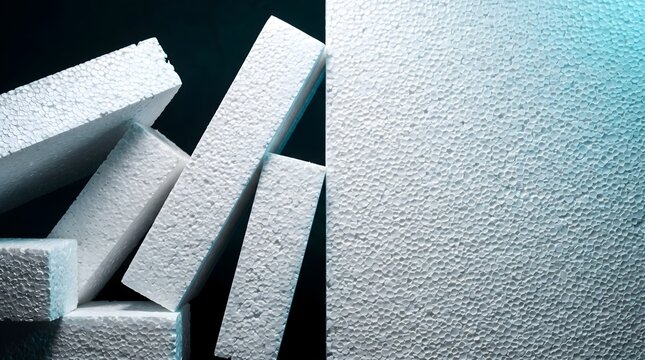 Stacked white styrofoam blocks with granular texture and dramatic lighting for sustainable waste management, protective packaging, and thermal insulation concept.
