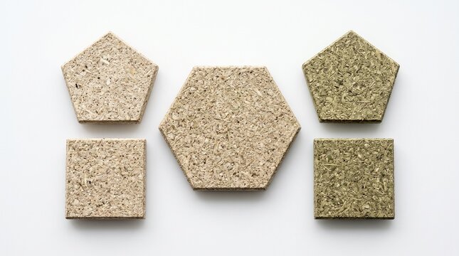 Sustainable cork material samples in geometric shapes, natural recycled wood fiber tiles, eco-friendly interior design swatches on white
