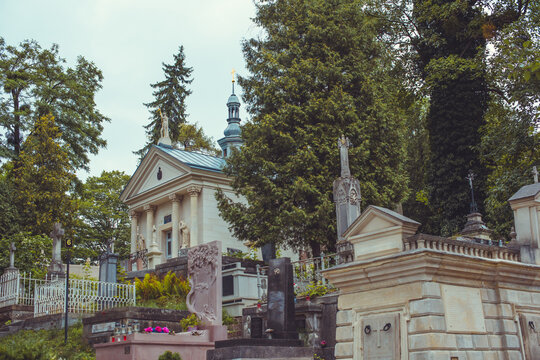 Ancient cemetery monuments featuring ornate gravestones, weathered stone sculptures and historic tombs surrounded by trees. Atmospheric old-world funerary architecture and timeless memorial details 