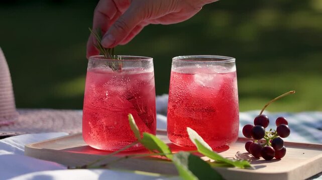Fresh rosemary is added to two glasses of sparkling red drinks with ice on a picnic table in a sunny summer backyard garden. Refreshing homemade beverage with fizzy bubbles, ice and aromatic herbs