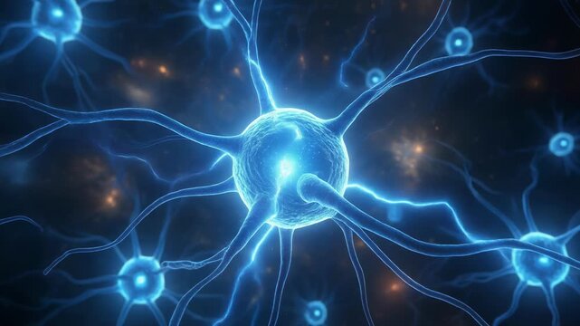 Neural network synapses firing with electric blue energy in deep space against a dark cosmic background