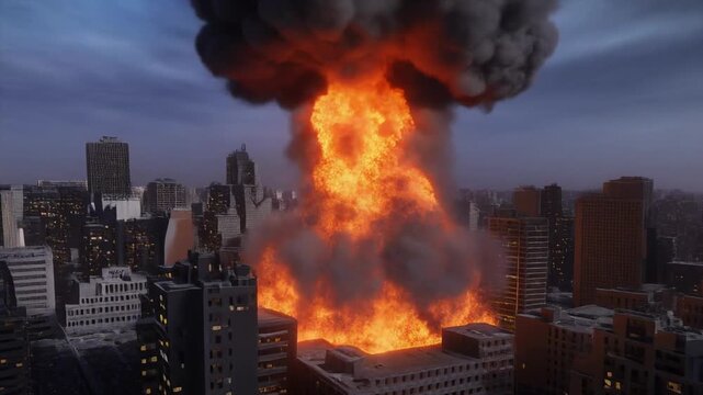 Nuclear explosion over city with mushroom cloud during dramatic twilight aerial view