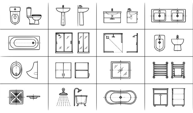 Bathroom Fixture Architectural Line Art Vector Set with Plan Elevation Views of Toilets Sinks Bathtubs Showers Bidets Cabinets and Interior Fixtures
