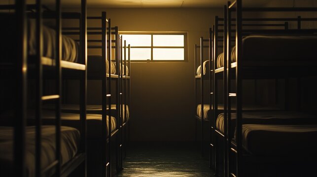 pudica. Military barracks with rows of empty beds in soft morning light. real-estate listings, architecture portfolios, designed for architectural facade and classical detail presentations.