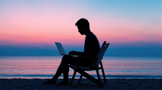 Man works on laptop in beach chair. Silhouette against colorful sunset sky. Ocean waves lap shore. Remote work, digital nomad lifestyle, peaceful evening.