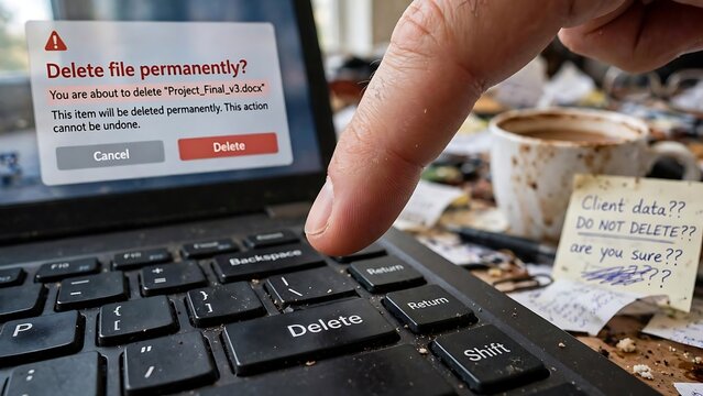 Critical Data Deletion: Finger Poised Over Delete Key on Laptop with Irreversible Warning and Client Data Note