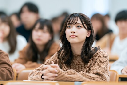講義中に集中して聞き入る日本人女子学生の真剣な横顔