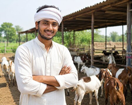 young indian farmer standing confidently at goat farm