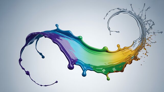 Vibrant rainbow paint splash forming a dynamic swirl on a clean and bright white studio background