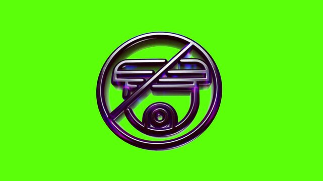 Metallic no security camera allowed sign with a diagonal line over a surveillance dome on green screen