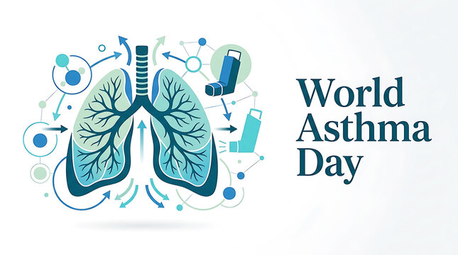 Illustration of human lungs and inhalers symbolizing World Asthma Day awareness and treatment