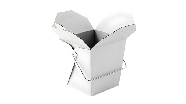 Empty white cardboard takeout box with wire handle and open flaps isolated on white background food container white packaging paper container takeaway box