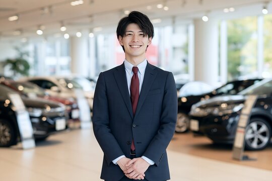 自動車ディーラーの営業マンが笑顔で接客する信頼感あふれる一枚