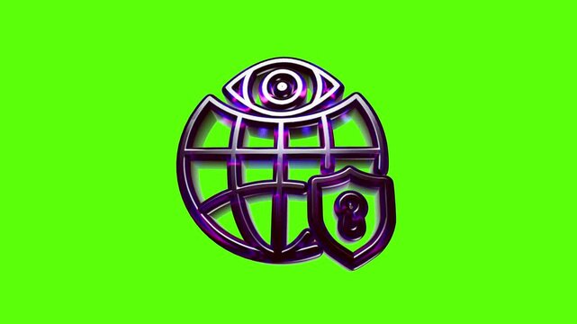 Metallic globe icon with security shield and eye symbol for internet data protection and privacy web