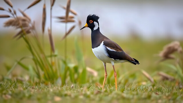 Northern lapwing standing in wet meadow, wildlife and grassland habitat concept