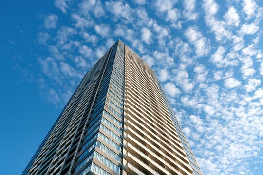 都会の空へ突き抜ける超高層ビルとひつじ雲